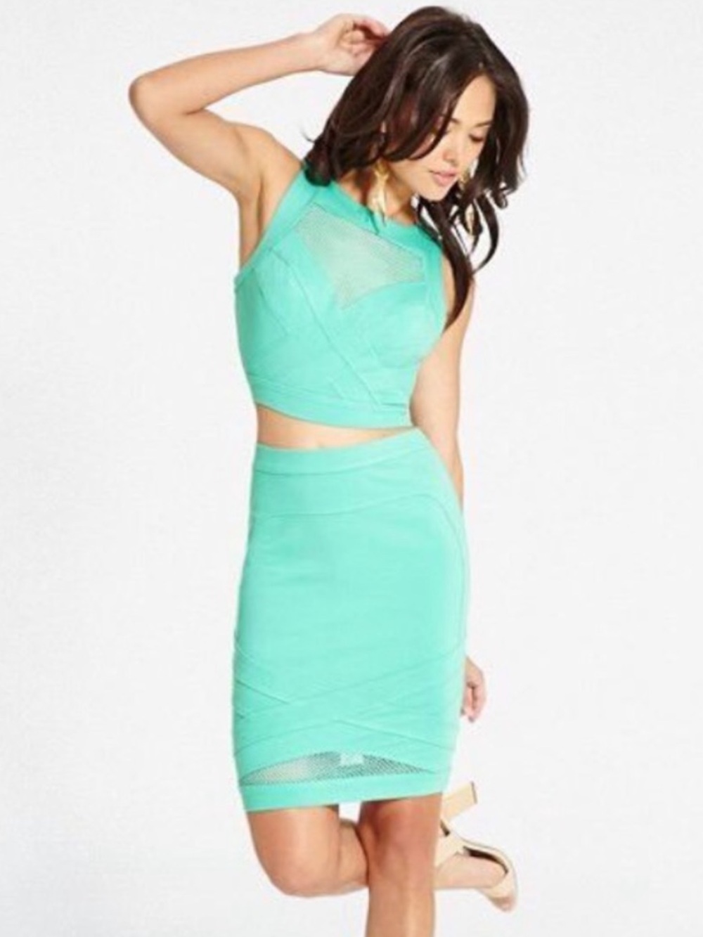 GUESS Mint Mesh Bodycon Two-Piece Set | M Top / L Skirt